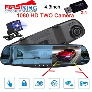 Изображение 4,3-дюймовый 1080P DVR full HD видеорегистратор камера обратный двойной объектив видеорегистратор зеркало заднего вида